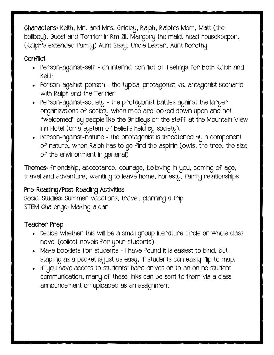 Teacher planning notes list characters, four conflict types, themes, a car STEM challenge and packet preparation