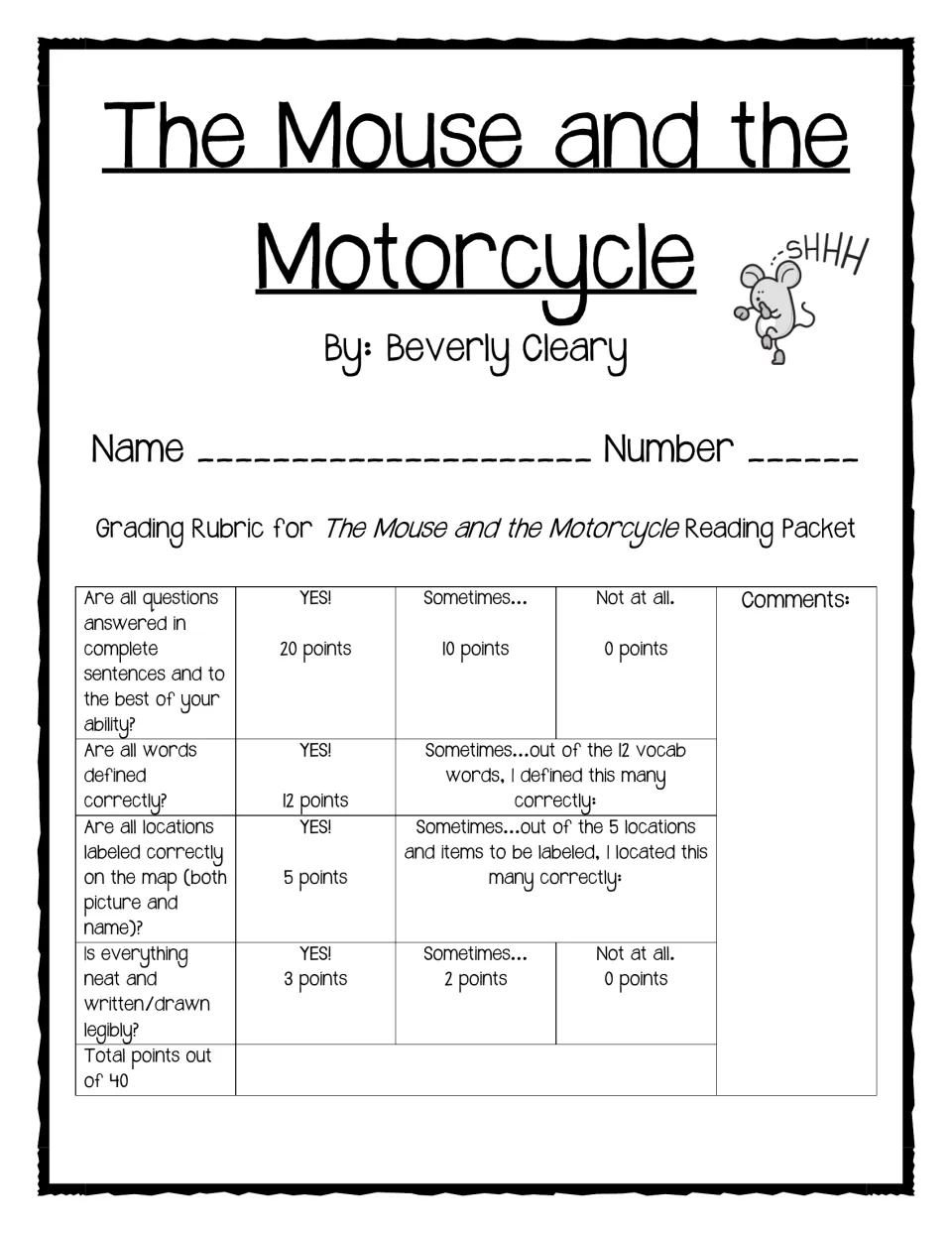 Student reading packet cover includes a 40-point rubric for answers, vocabulary, map labeling and neatness