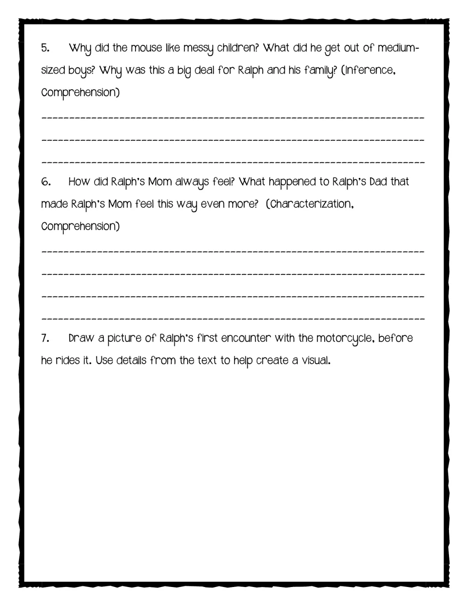 Section 1 questions 5–7 ask about food from children, Ralph's worried mother and drawing his motorcycle encounter