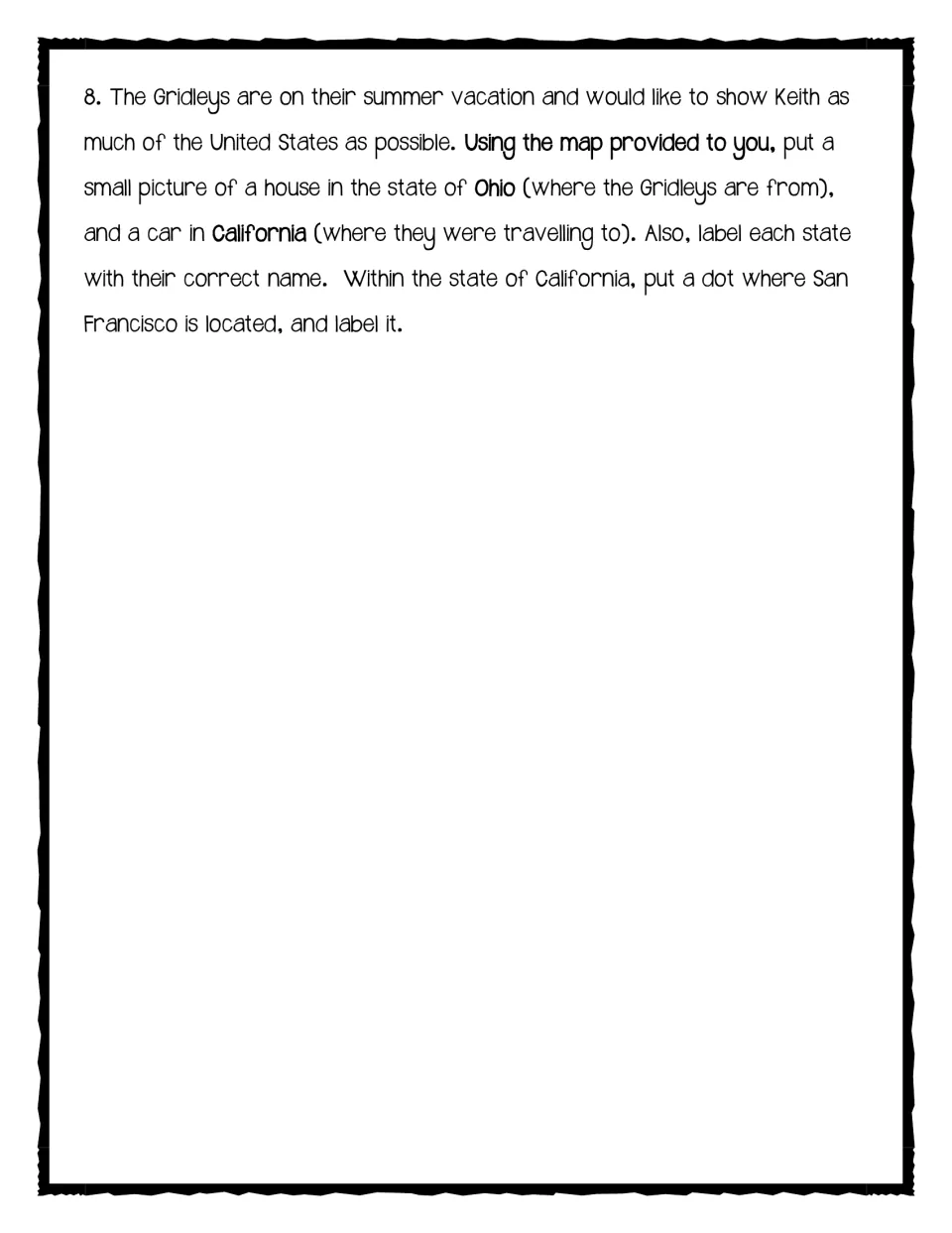 Section 1 question 8 directs students to mark Ohio, California and San Francisco on the provided map