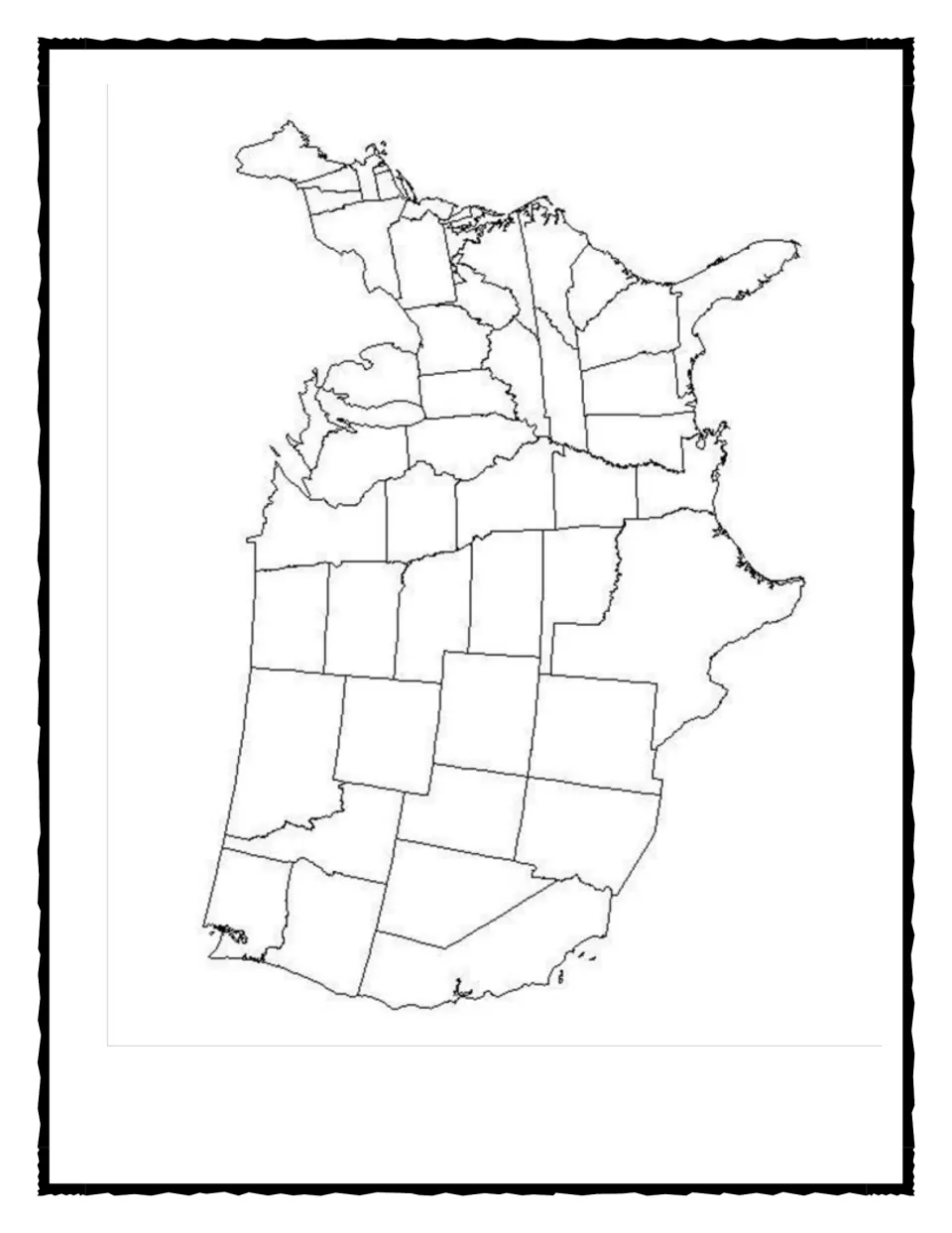 Unlabeled map of the contiguous United States for the reading unit's state and city marking activity