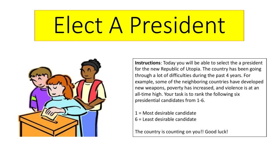 Elect a President instructions: rank six candidates for Utopia from 1, most desirable, to 6, least desirable