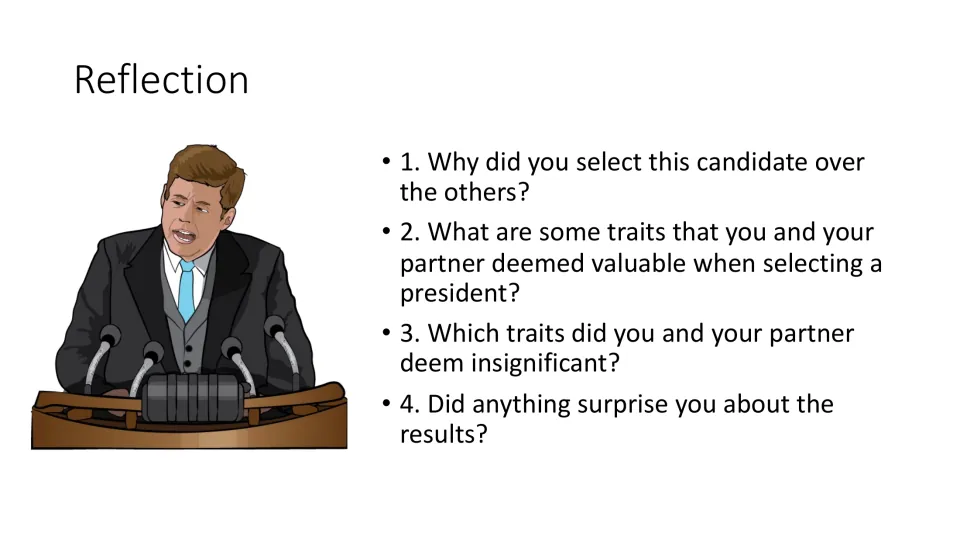 Four reflection questions ask partners about their candidate choice, valued and insignificant traits, and surprises