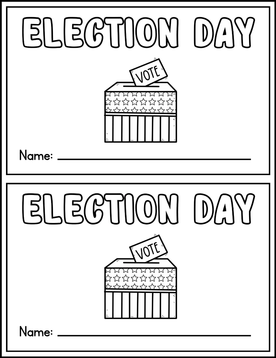 Mini book cover printed twice, with the title 'Election Day,' a ballot box marked 'Vote,' and a name space