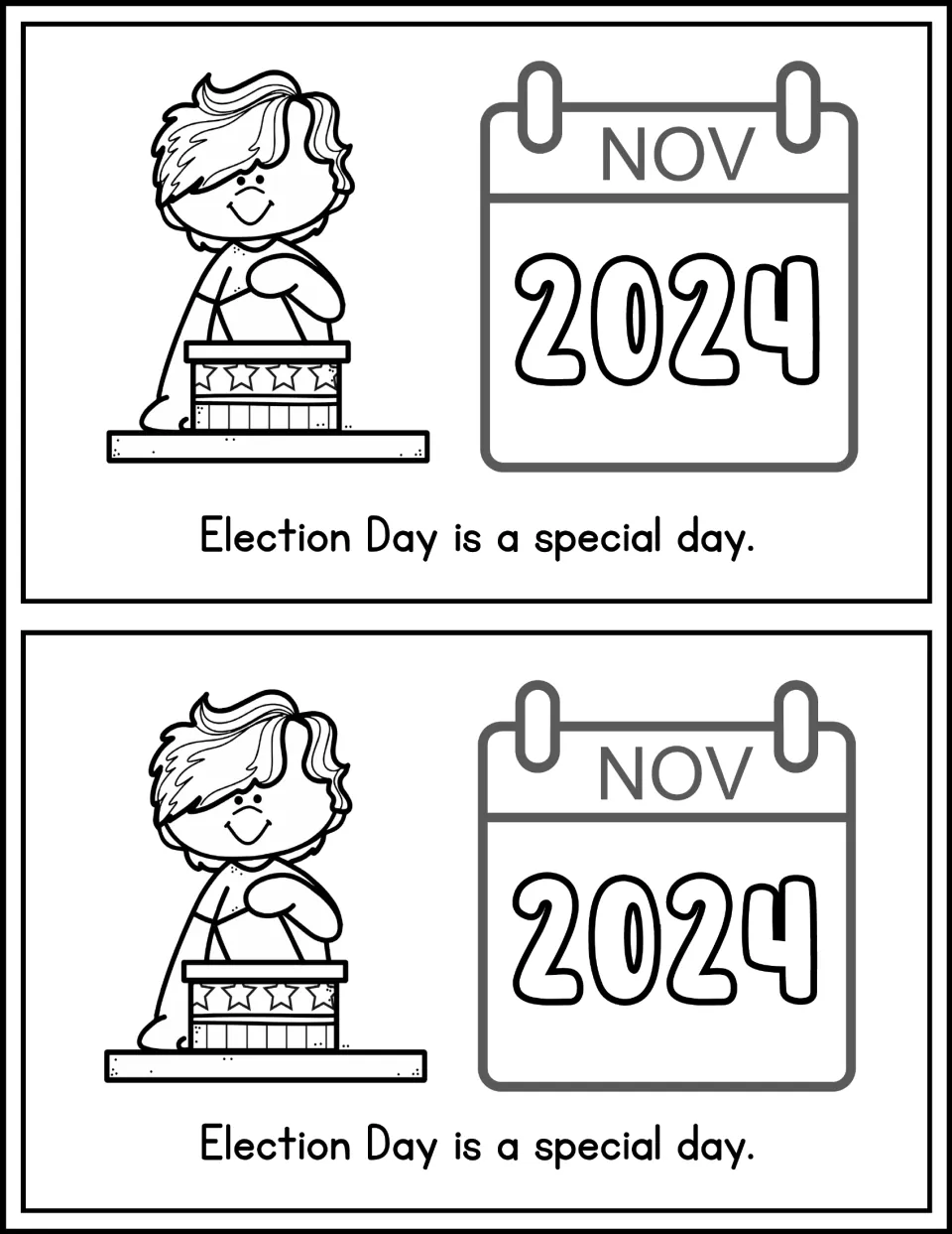 Mini book page 2, printed twice: 'Election Day is a special day,' with a November 2024 calendar