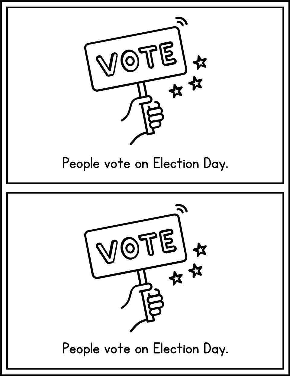 Mini book page 3, printed twice: 'People vote on Election Day,' illustrated by a hand holding a Vote sign