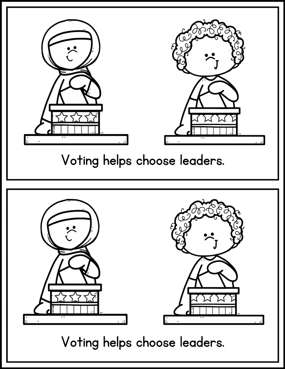 Mini book page 4, printed twice: 'Voting helps choose leaders,' with two people putting ballots in boxes