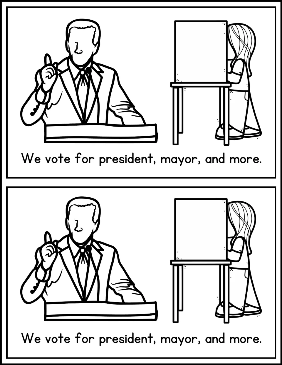 Mini book page 5, printed twice: 'We vote for president, mayor, and more,' with a speaker and voting booth