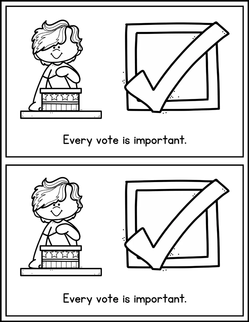 Mini book page 6, printed twice: 'Every vote is important,' with a person casting a ballot and a check mark
