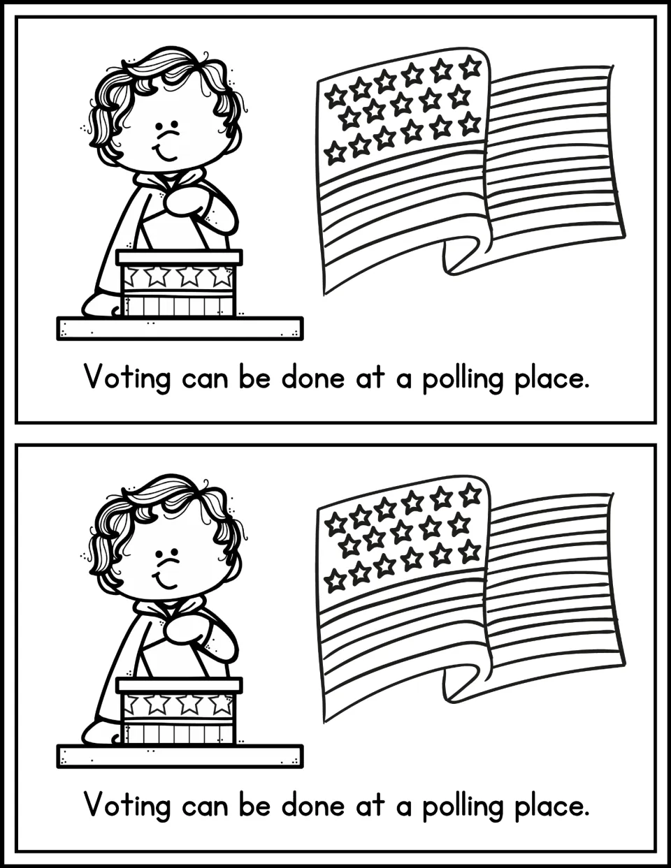 Mini book page 7, printed twice: 'Voting can be done at a polling place,' with a voter and an American flag