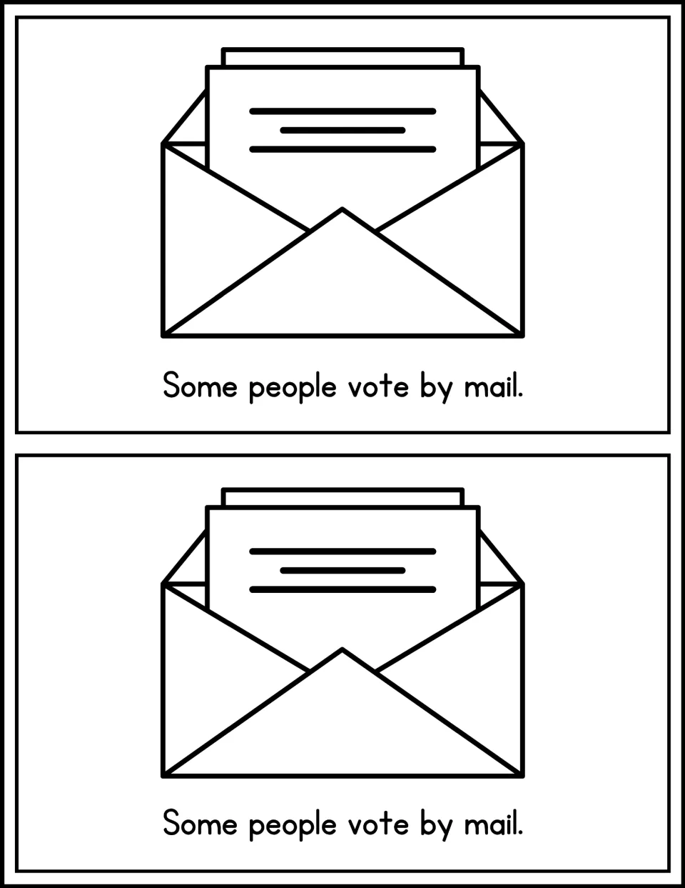 Mini book page 8, printed twice: 'Some people vote by mail,' illustrated by an open envelope holding papers