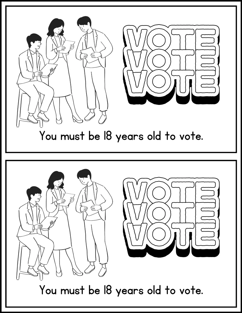 Mini book page 9, printed twice: 'You must be 18 years old to vote,' with three adults and the word 'Vote'