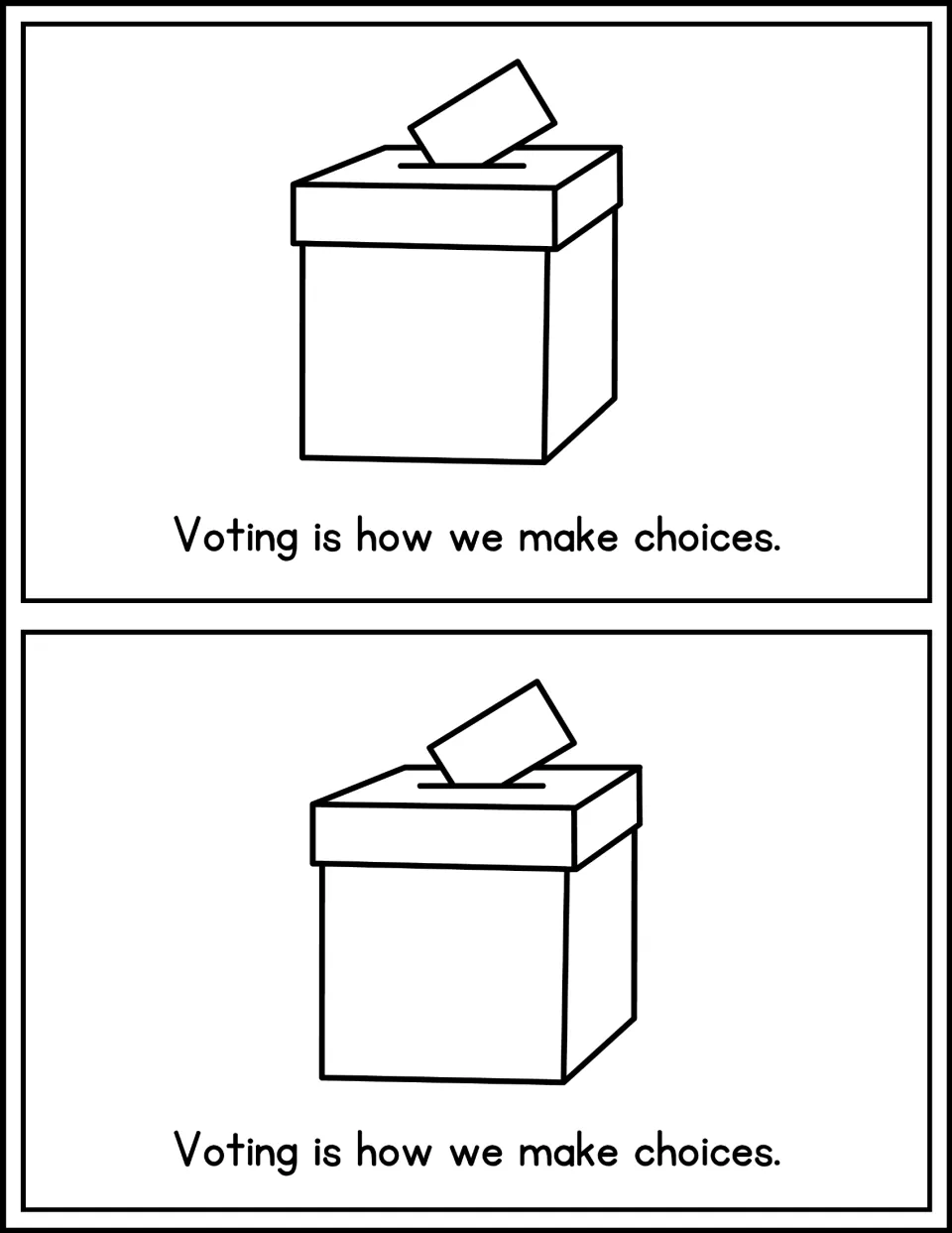 Mini book page 10, printed twice: 'Voting is how we make choices,' with a ballot entering a ballot box