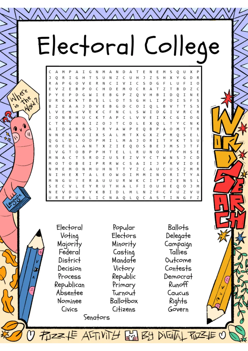 Electoral College word search: students find 34 election words such as Electors, Ballots, Caucus and Popular in the grid