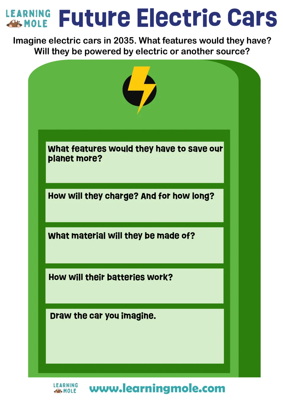 Future Electric Cars in 2035: students answer questions on features, charging, materials and batteries, then draw a car