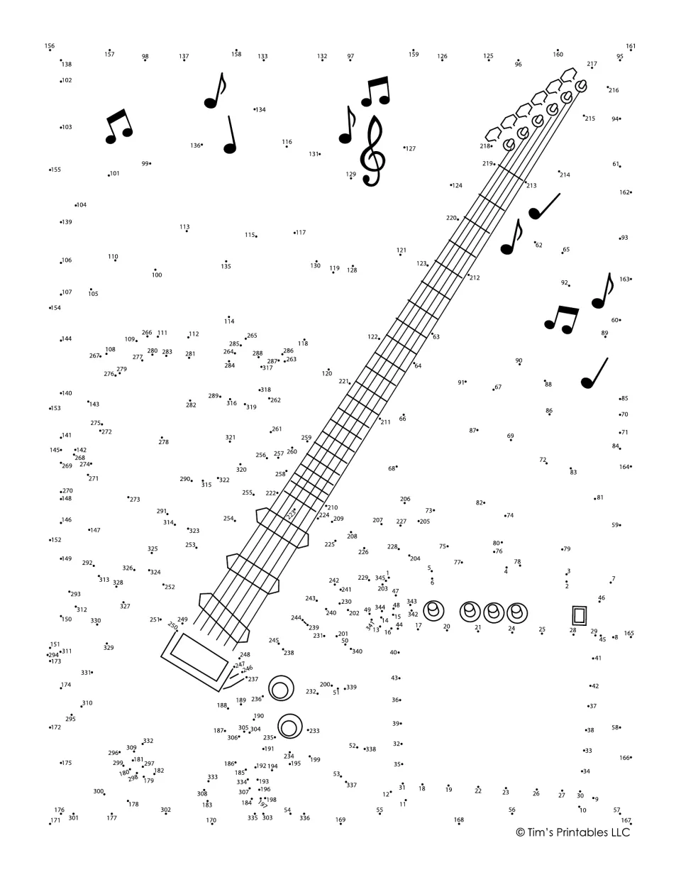 Electric guitar dot-to-dot puzzle with numbered points to connect around a partially drawn guitar and amplifier