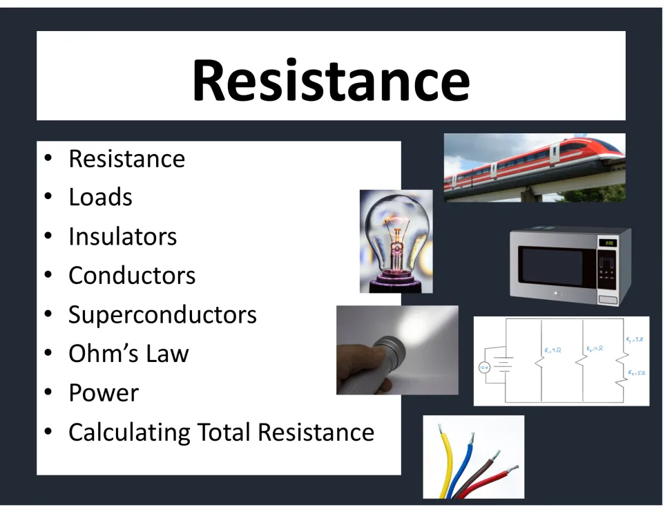 Resistance title slide listing loads, insulators, conductors, superconductors, Ohm's law, power and total resistance