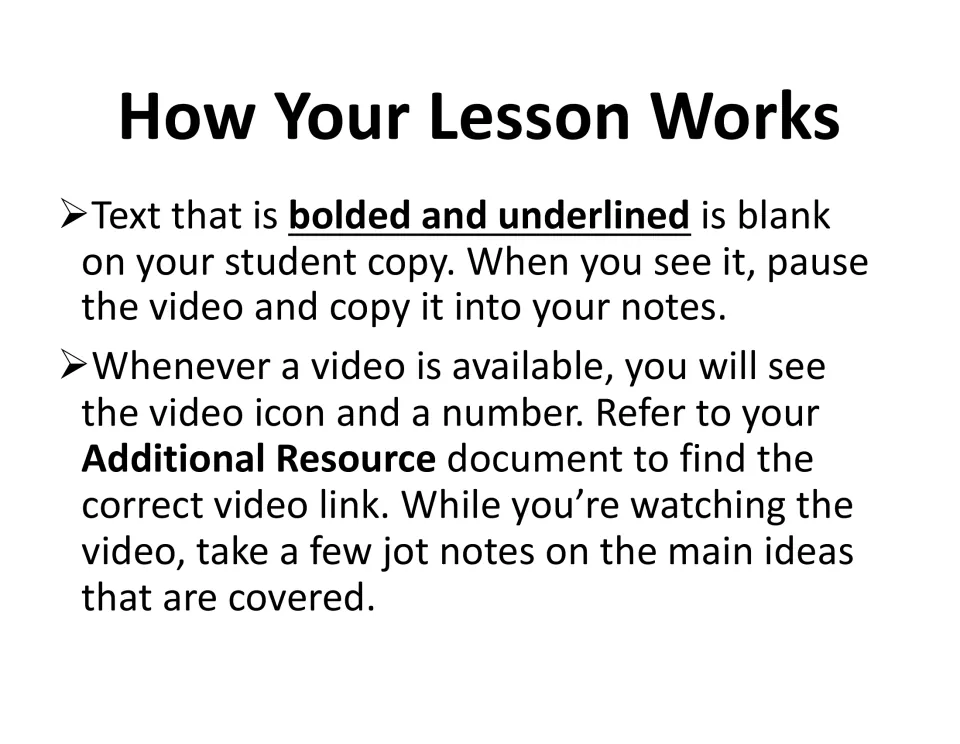 How Your Lesson Works: students copy bolded, underlined text into notes and use numbered video icons to find linked videos