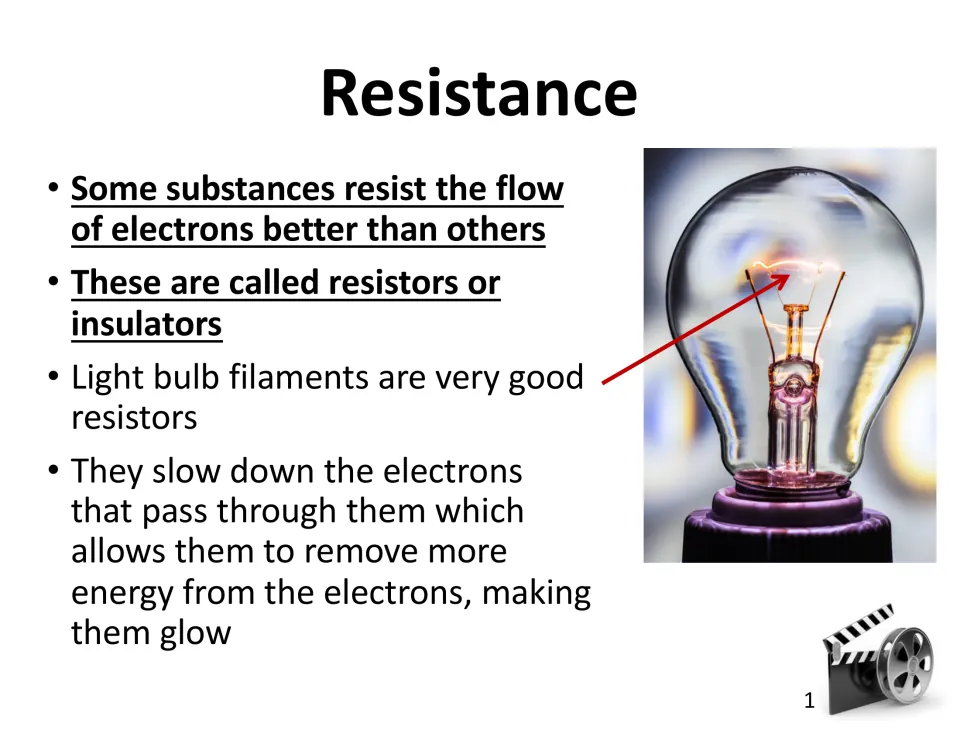 Resistors and insulators: light bulb filaments slow electrons and remove energy, making them glow; arrow points to filament