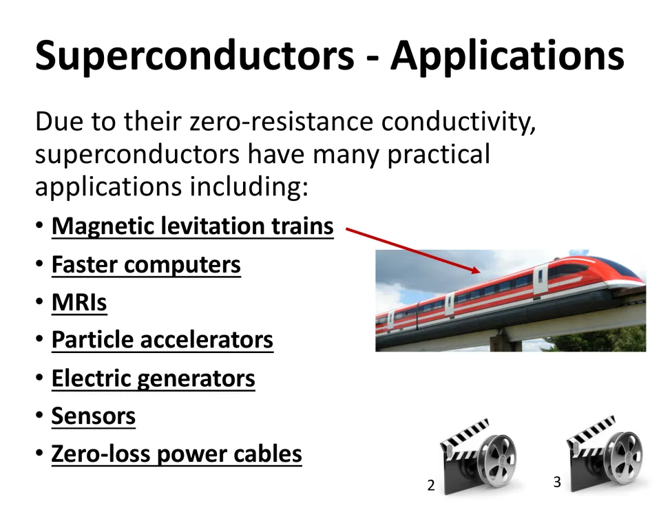 Superconductor applications: maglev trains, faster computers, MRIs, particle accelerators, generators, sensors, power cables