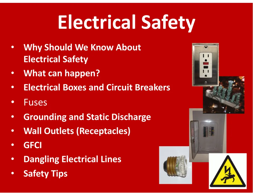 Electrical safety lesson opening slide lists hazards, circuit breakers, fuses, grounding, outlets, and GFCI