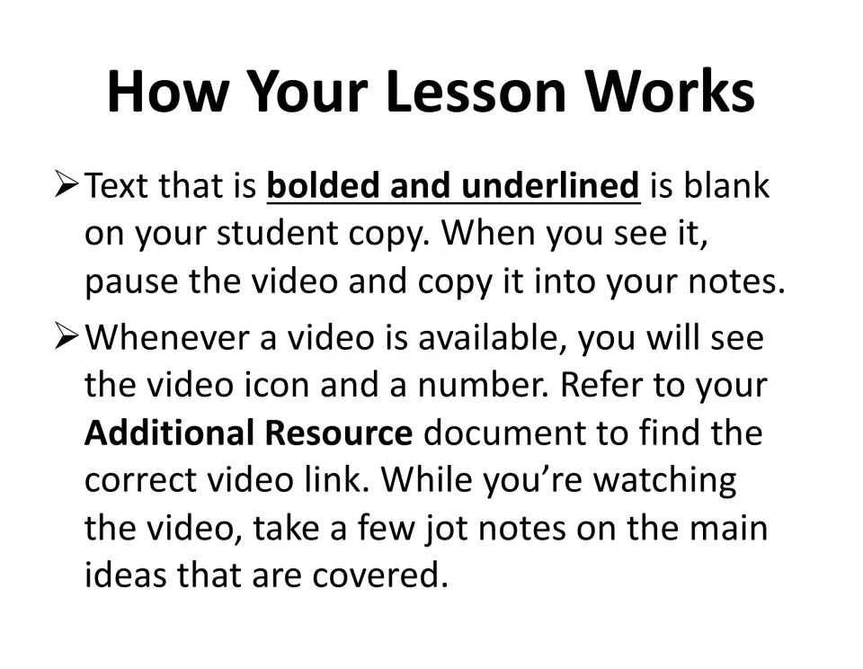 Lesson instructions explain copying bold, underlined text into notes and finding numbered video links