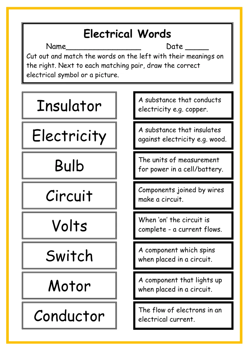 Electrical words cut-and-match: students pair 8 terms like insulator, volts and switch with meanings, then draw a symbol
