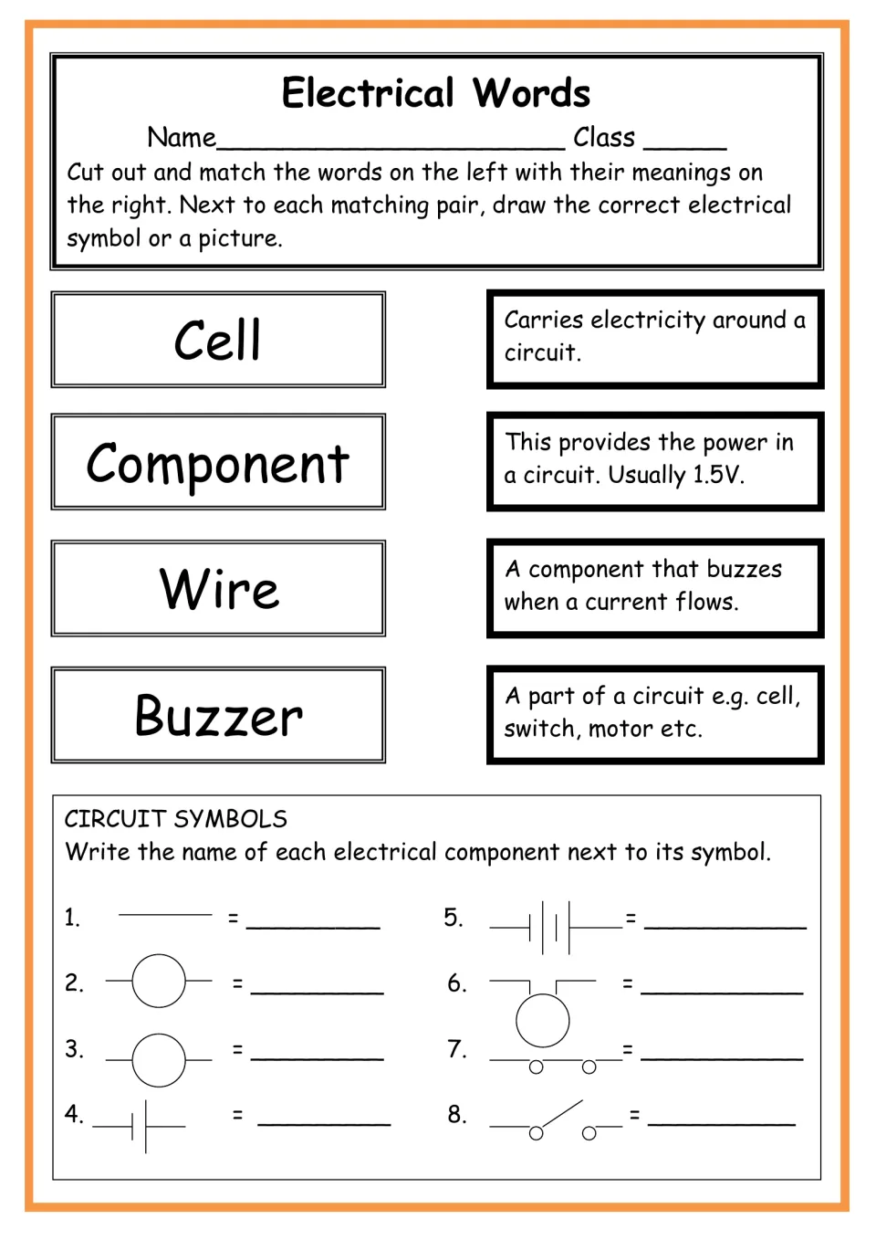 Circuit terms and symbols: students match cell, component, wire and buzzer to meanings, then name 8 drawn symbols