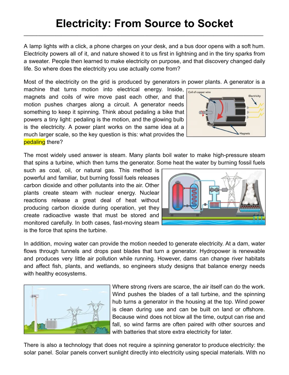 Electricity: From Source to Socket passage on generators, steam, nuclear, hydro and wind power, with a generator diagram