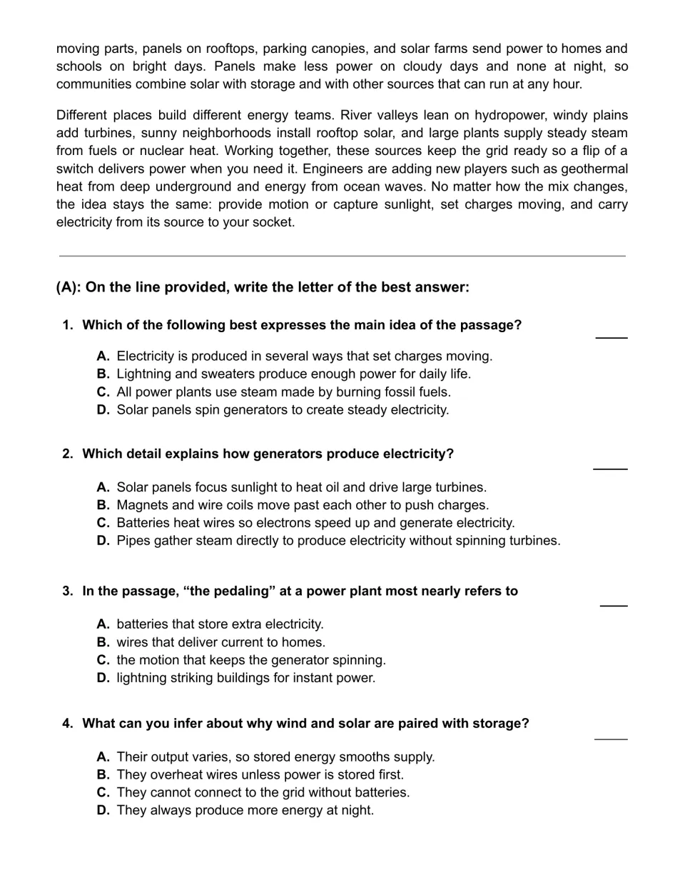 Passage ends on solar and energy mixes, then multiple choice on main idea, key detail, word meaning and inference