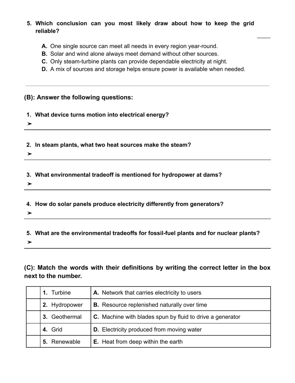 Power grid questions: students draw a conclusion, write short answers on energy sources, and match five terms to definitions