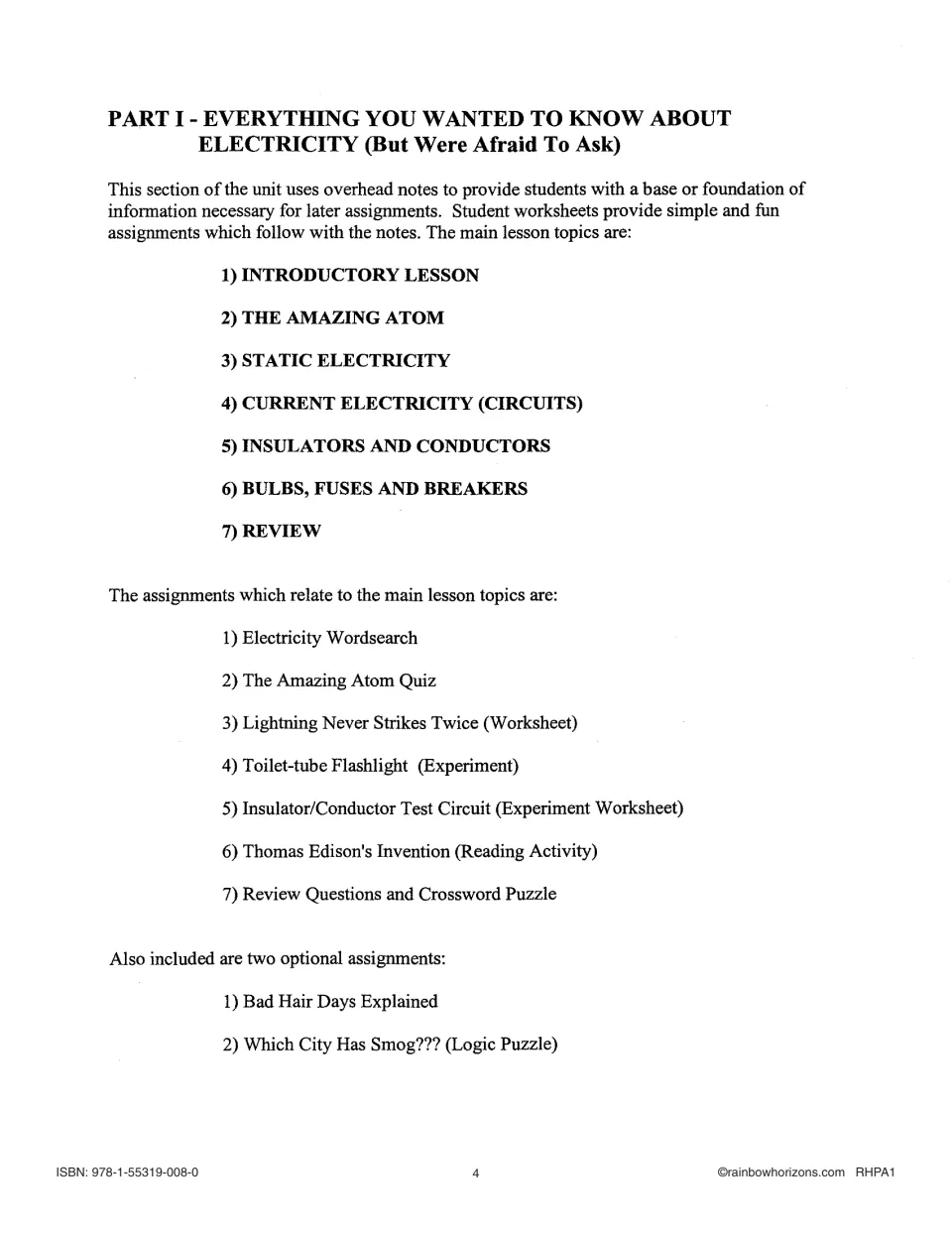Part I outline: 7 lesson topics such as Static Electricity, their assignments, and 2 optional assignments