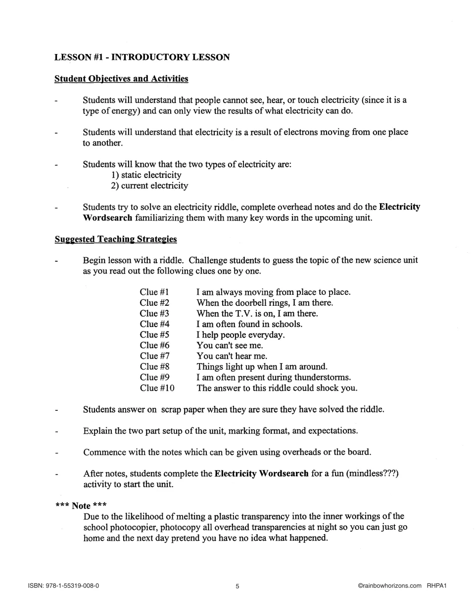 Lesson 1 plan: objectives on static and current electricity, plus a 10-clue riddle such as 'You can't see me'