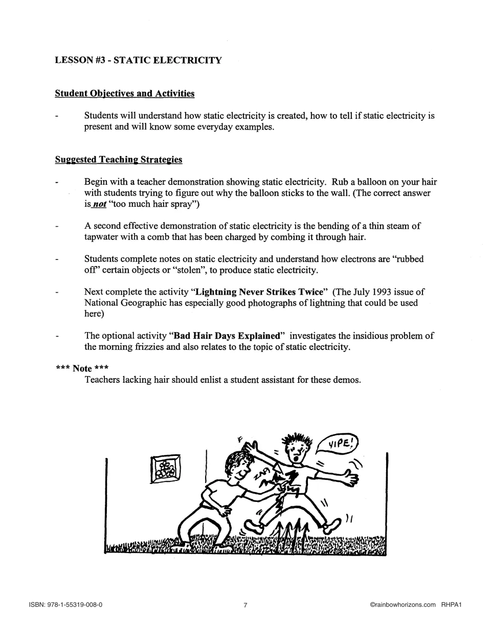 Lesson 3 plan on static electricity: balloon and comb demos plus the Lightning Never Strikes Twice activity