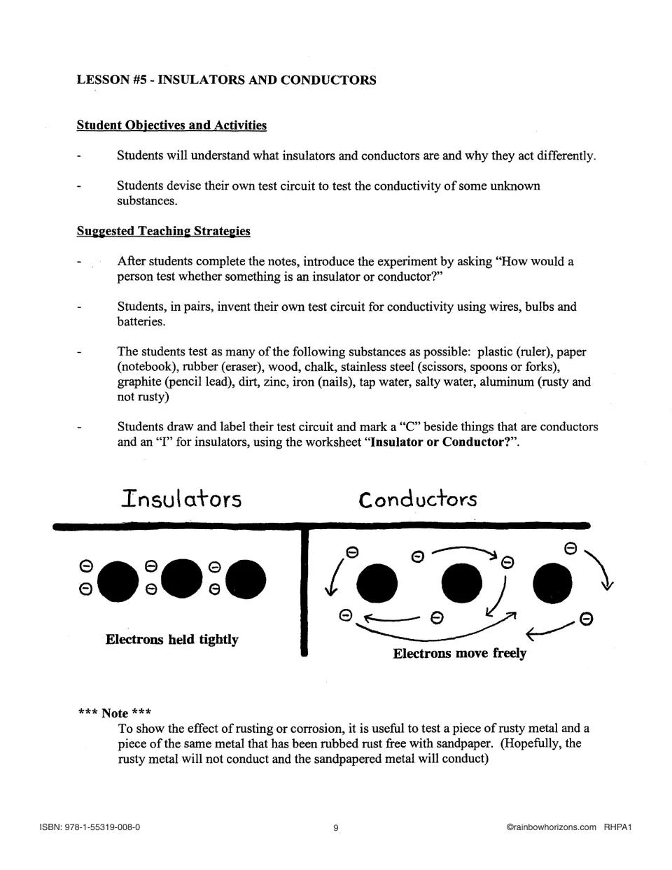 Lesson 5 plan: insulator and conductor test circuits, with a diagram of electrons held tightly vs. moving freely
