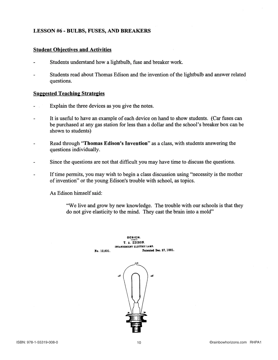 Lesson 6 plan on bulbs, fuses and breakers, with the Edison reading and his 1881 electric lamp patent drawing