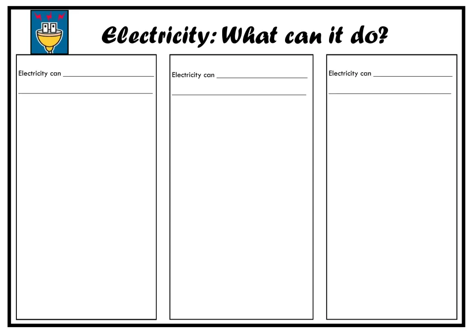 Electricity: What can it do? Students finish three "Electricity can ___" sentence starters naming uses of electricity