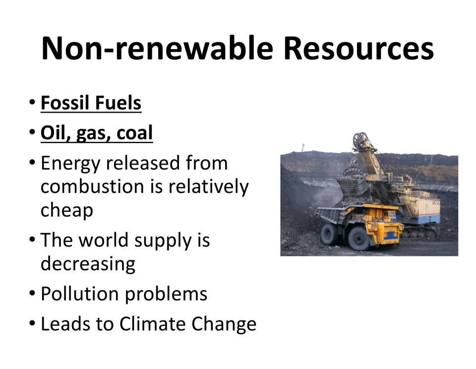 Non-renewable resources slide names oil, gas, and coal and lists cost, supply, pollution, and climate change