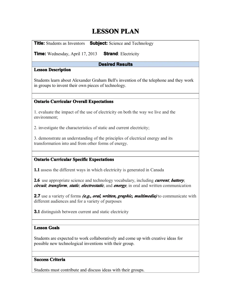 Lesson plan opening: electricity expectations, lesson goals, and success criteria for a group invention task.