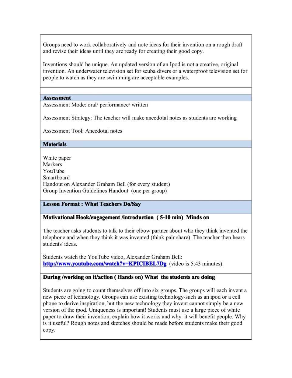 Lesson plan continuation: assessment, materials, a Bell video introduction, and group invention directions.