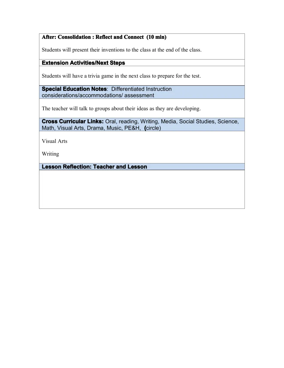 Lesson plan conclusion: invention presentations, trivia review, accommodations, and teacher reflection.
