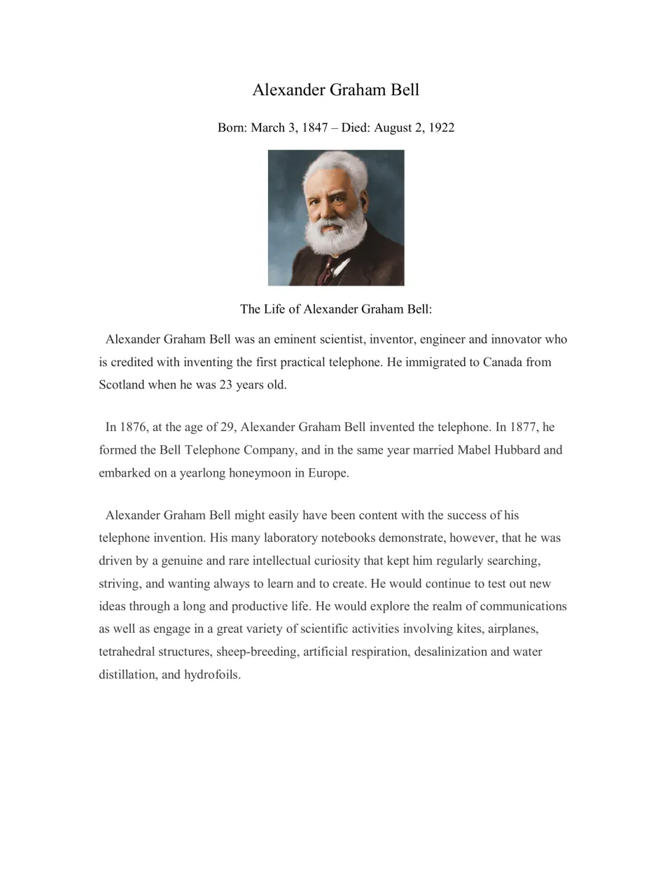 Alexander Graham Bell biography handout covering his life, the telephone, and other scientific interests.