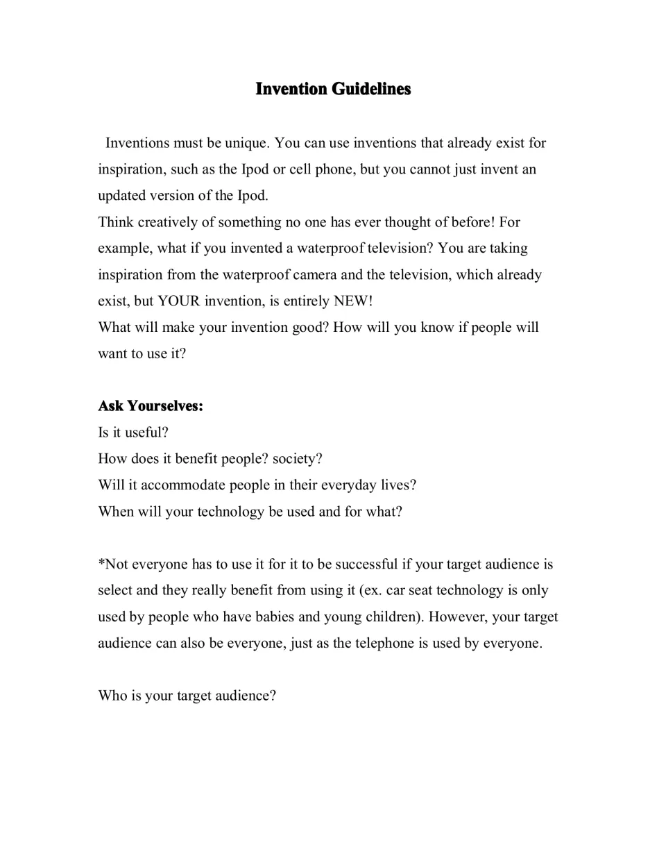 Invention guidelines handout asks groups to consider originality, usefulness, benefits, and target audience.