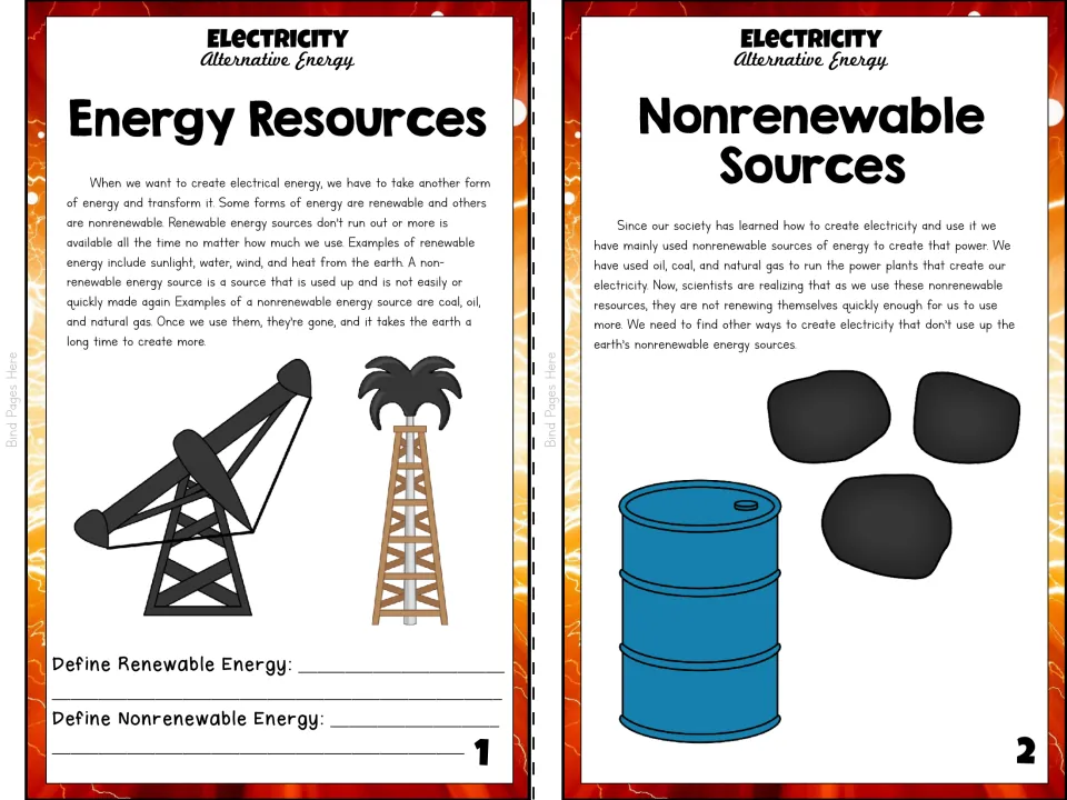 Color booklet pages 1–2 explain energy resources and nonrenewable sources, with energy definition prompts