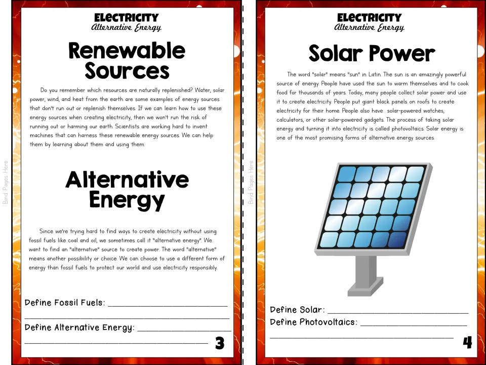 Color booklet pages 3–4 introduce renewable sources, alternative energy, and solar power with vocabulary prompts