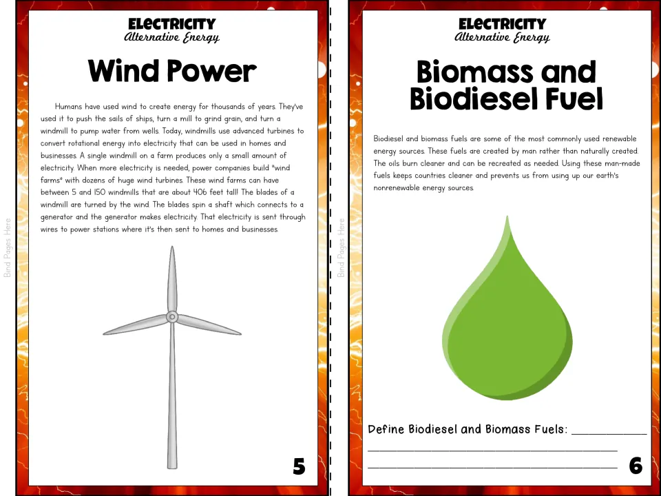 Color booklet pages 5–6 explain wind power and biomass and biodiesel fuel, with a fuel definition prompt
