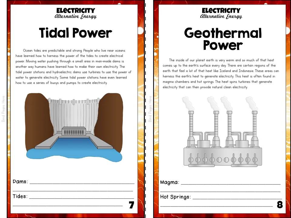 Color booklet pages 7–8 explain tidal and geothermal power, with prompts for dams, tides, magma, and hot springs