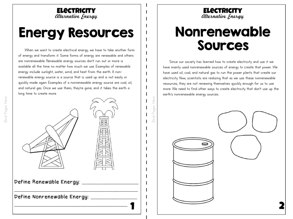 Black-and-white booklet pages 1–2 cover energy resources and nonrenewable sources, with definition prompts