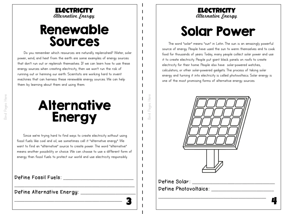 Black-and-white booklet pages 3–4 cover renewable sources, alternative energy, and solar power vocabulary
