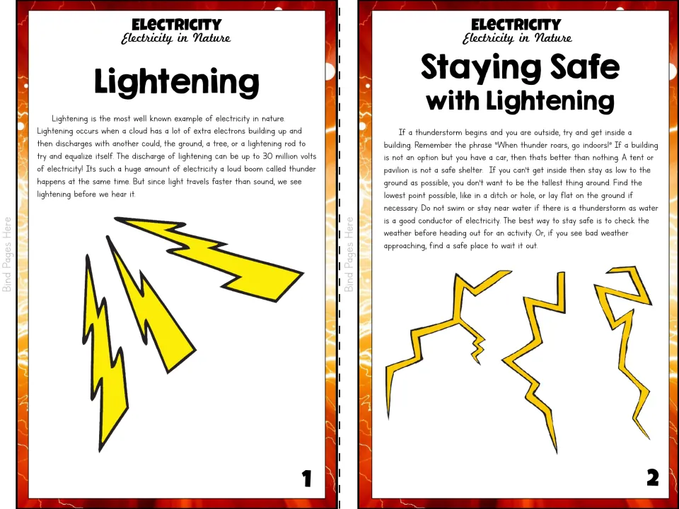 Color booklet pages 1–2 explain lightning, thunder, and storm safety, including seeking indoor shelter